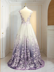 Modest A-line V-Neck  Floor-Length Tulle Dress With Applique-27dress