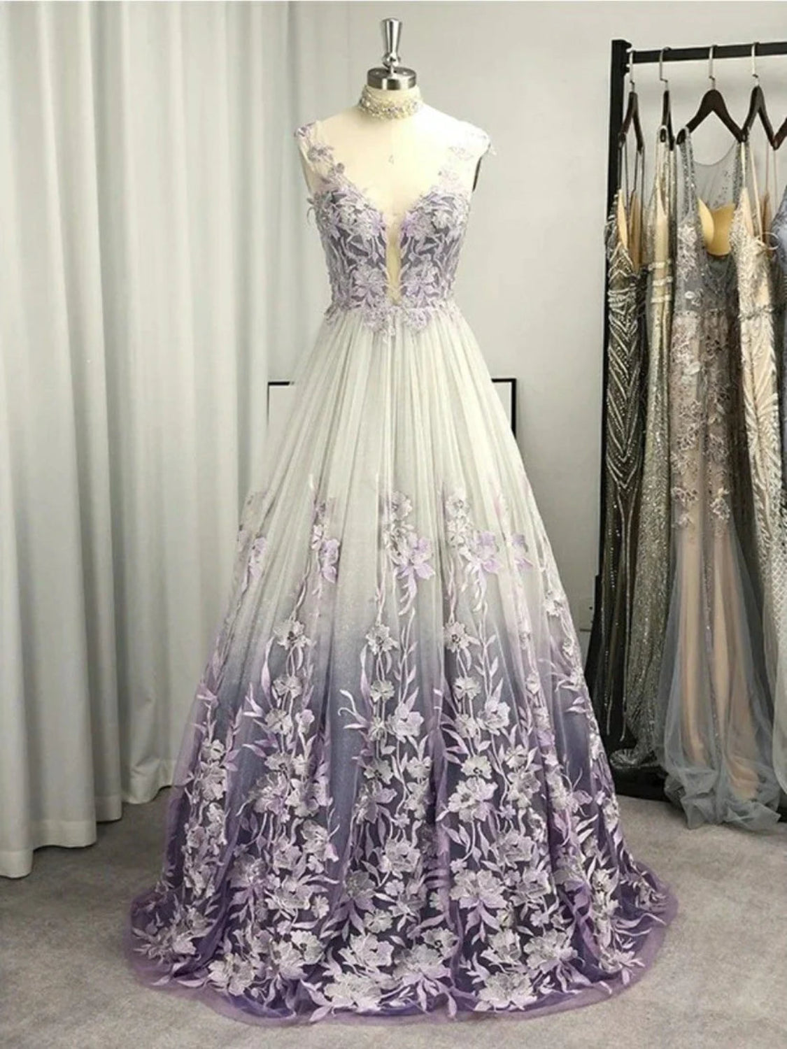 Modest A-line V-Neck  Floor-Length Tulle Dress With Applique-27dress