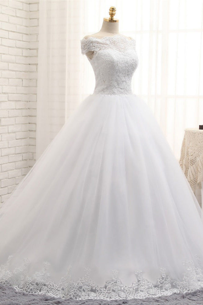 Modest Bateau Tulle Ruffles Wedding Dresses With Appliques A-line White Lace Bridal Gowns On Sale-27dress