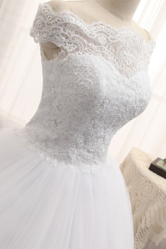 Modest Bateau Tulle Ruffles Wedding Dresses With Appliques A-line White Lace Bridal Gowns On Sale-27dress