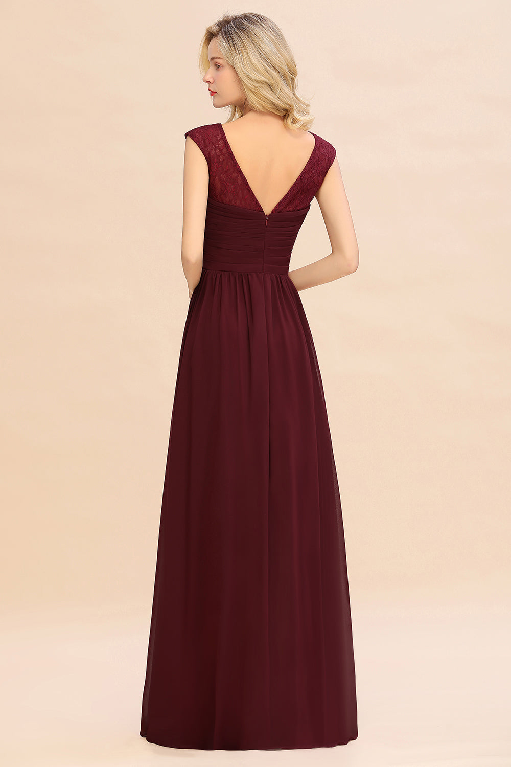 Modest Burgundy Chiffon Sleeveless Ruffle Bridesmaid Dress Affordable-27dress