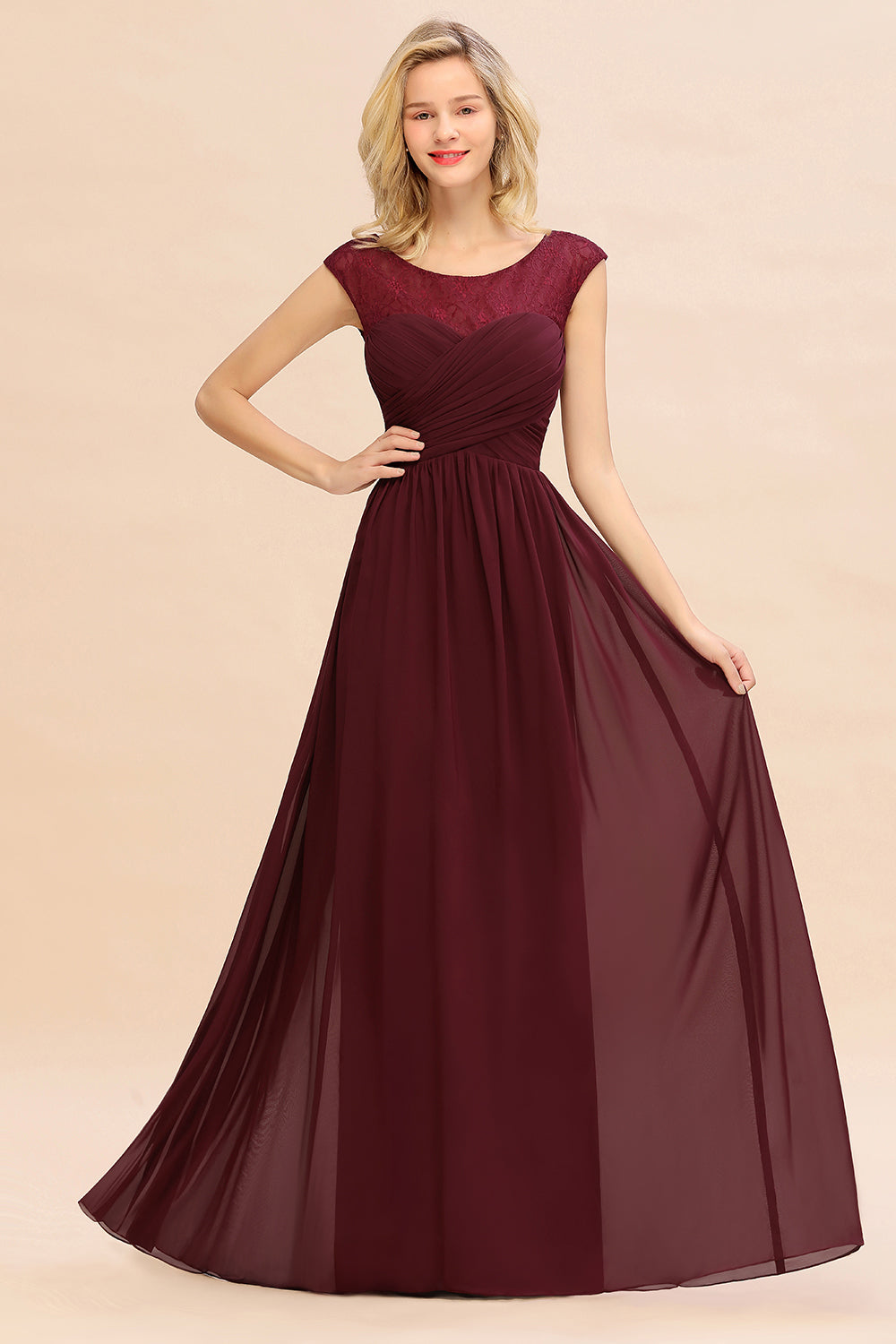 Modest Burgundy Chiffon Sleeveless Ruffle Bridesmaid Dress Affordable-27dress