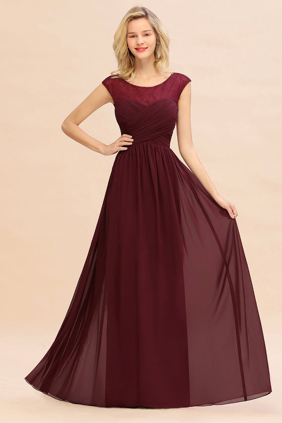 Modest Burgundy Chiffon Sleeveless Ruffle Bridesmaid Dress Affordable-27dress