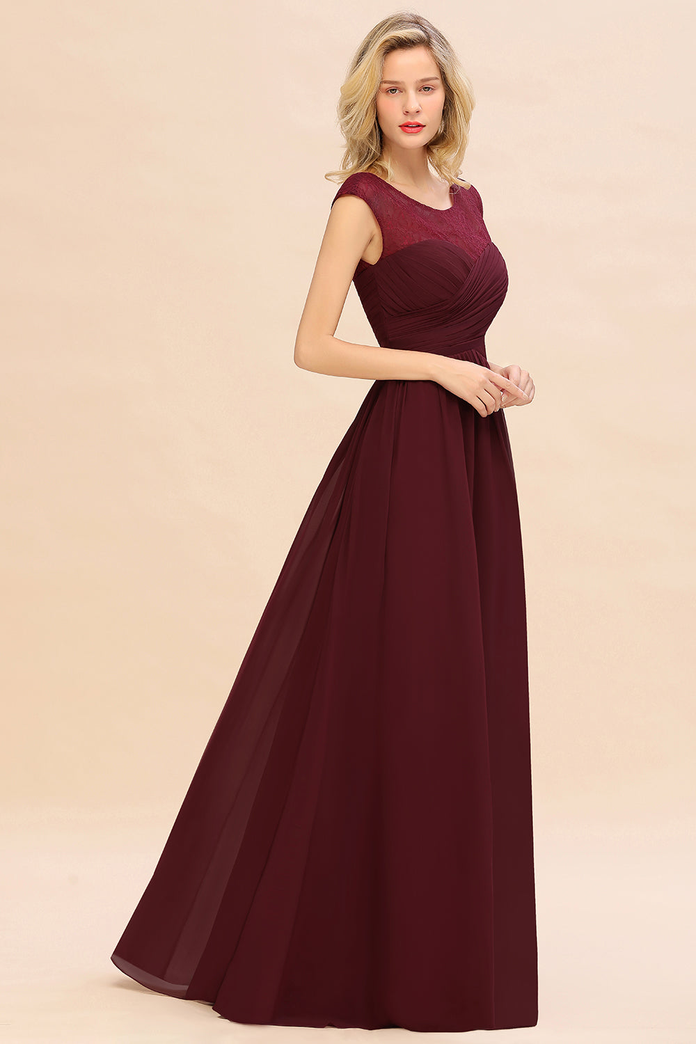 Modest Burgundy Chiffon Sleeveless Ruffle Bridesmaid Dress Affordable-27dress