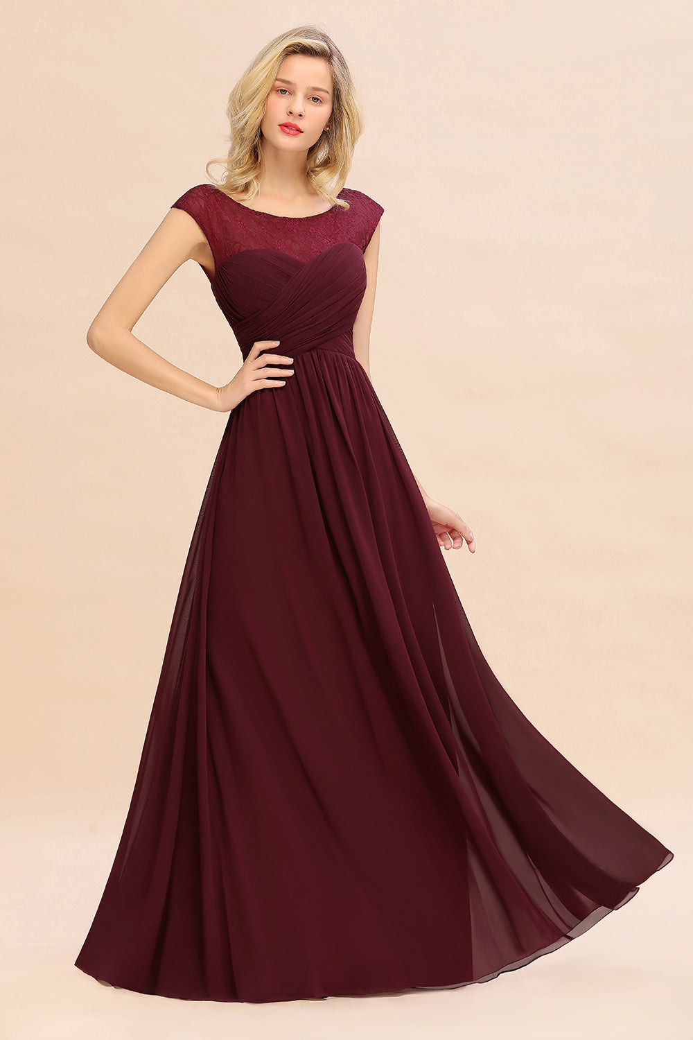 Modest Burgundy Chiffon Sleeveless Ruffle Bridesmaid Dress Affordable-27dress