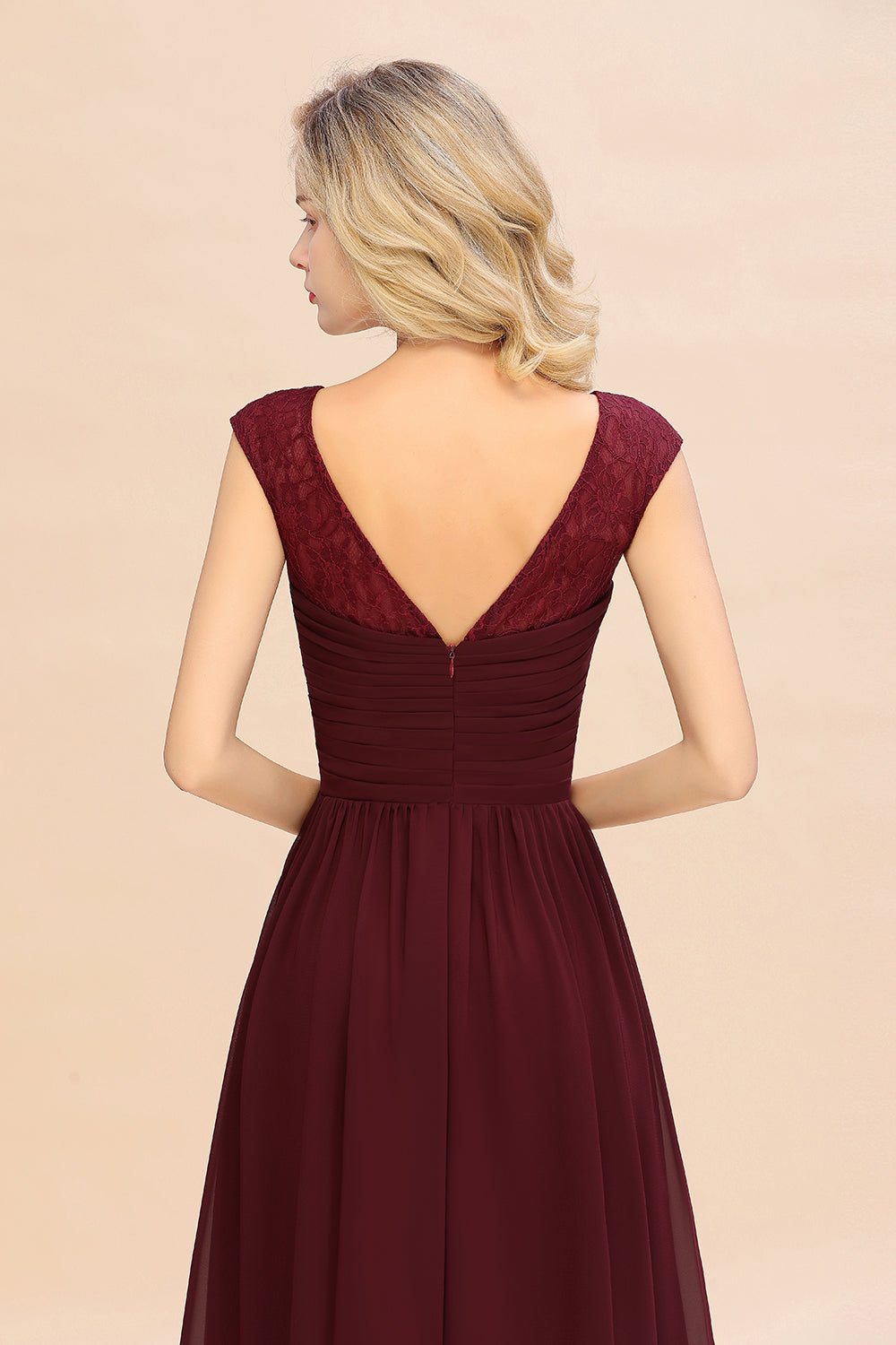 Modest Burgundy Chiffon Sleeveless Ruffle Bridesmaid Dress Affordable-27dress