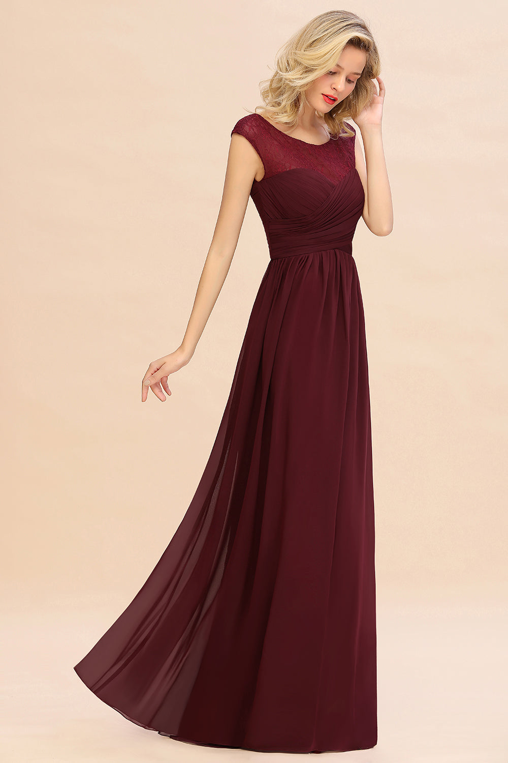 Modest Burgundy Chiffon Sleeveless Ruffle Bridesmaid Dress Affordable-27dress