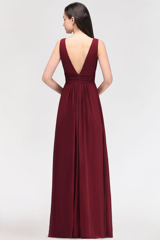 Modest Burgundy V-Neck Sleeveless Long Bridesmaid Dresses Affordable-27dress