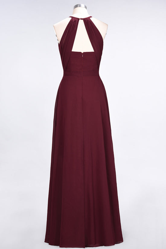 Modest Chiffon Jewel Ruffle Burgundy Long Bridesmaid Dresses Online-27dress