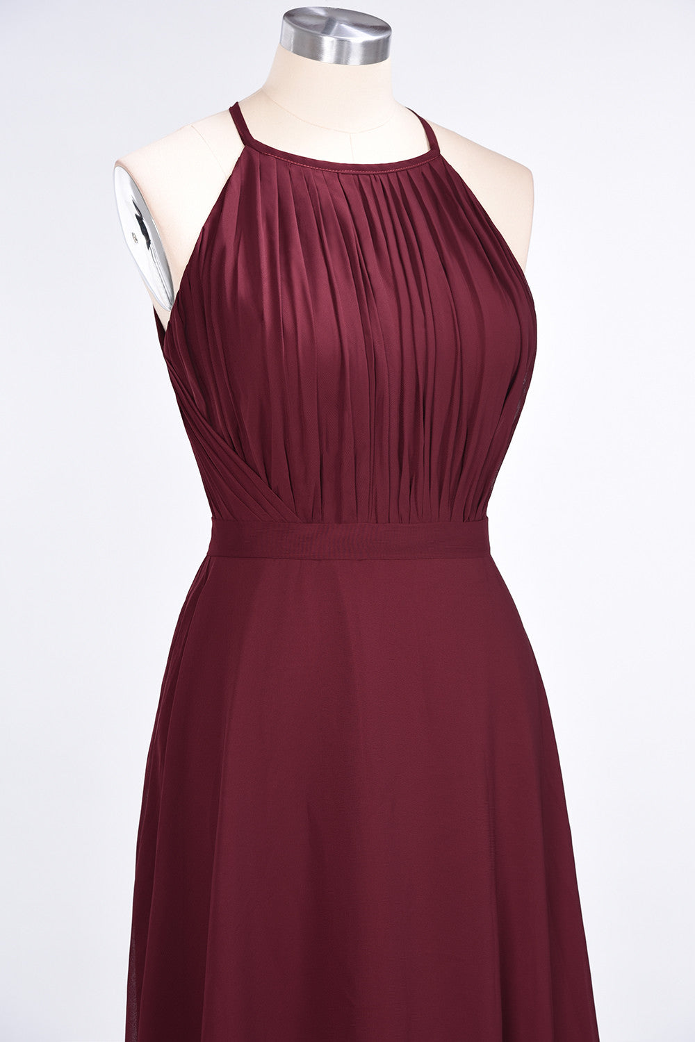 Modest Chiffon Jewel Ruffle Burgundy Long Bridesmaid Dresses Online-27dress