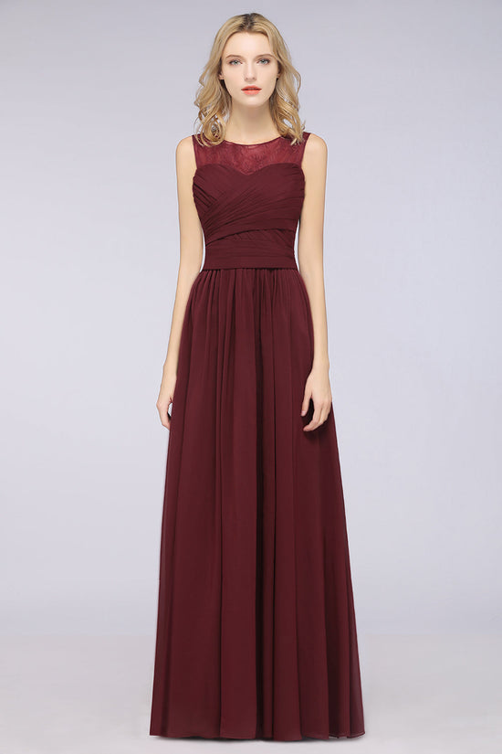 Modest Chiffon Lace Scoop Ruffle Burgundy Bridesmaid Dresses Affordable-27dress