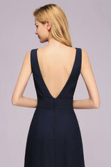 Modest Chiffon V-Neck Long Bridesmaid Dress Online with Beadings-27dress