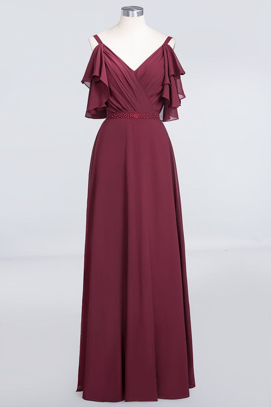 Modest Cold-shoulder Crinkle Chiffon Long Bridesmaid Dress with Pearls-27dress