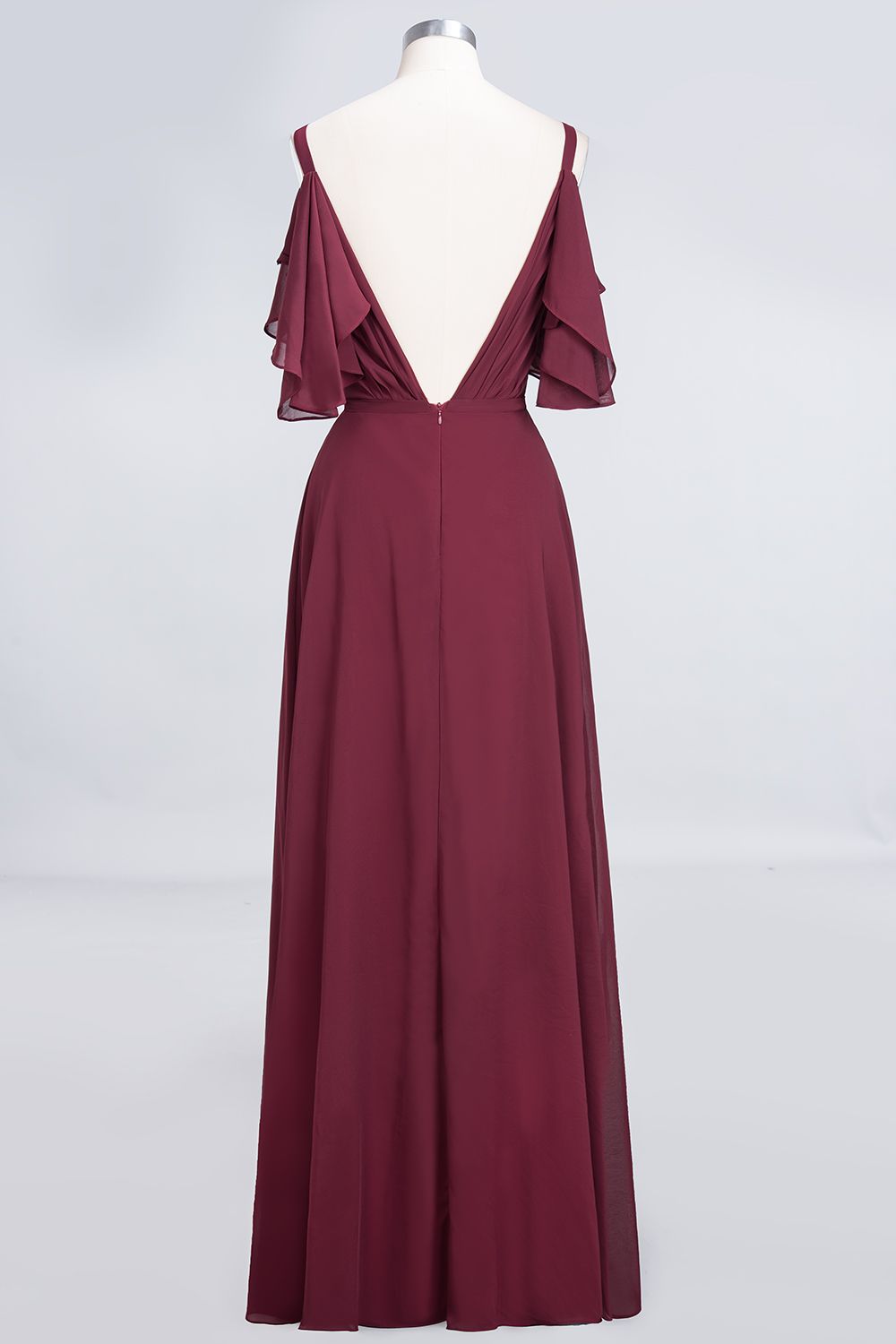 Modest Cold-shoulder Crinkle Chiffon Long Bridesmaid Dress with Pearls-27dress