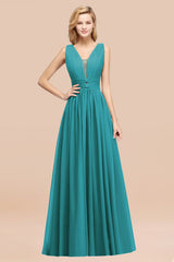 Modest Dark Green Long Bridesmaid Dress Deep V-Neck Chiffon Maid of Honor Dress-27dress