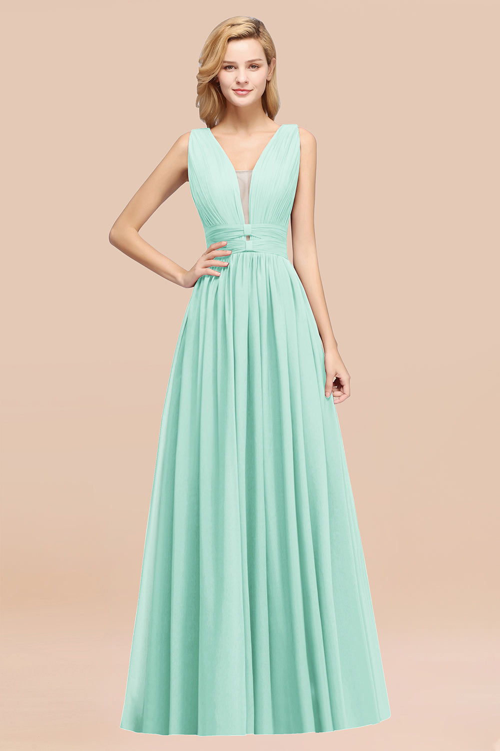 Modest Dark Green Long Bridesmaid Dress Deep V-Neck Chiffon Maid of Ho
