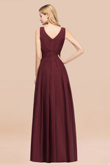 Modest Dark Green Long Bridesmaid Dress Deep V-Neck Chiffon Maid of Honor Dress-27dress