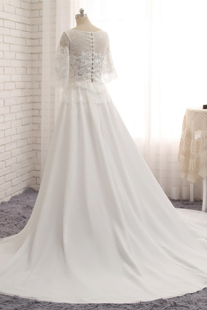 Modest Halfsleeves White Jewel Wedding Dresses Chiffon Lace Bridal Gowns With Appliques On Sale-27dress