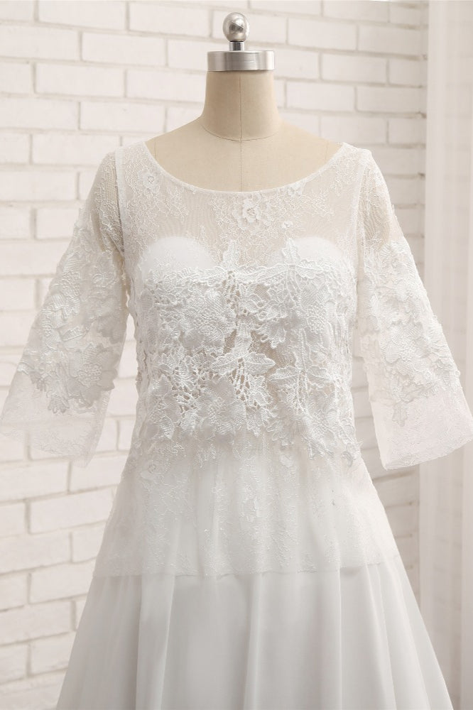 Modest Halfsleeves White Jewel Wedding Dresses Chiffon Lace Bridal Gowns With Appliques On Sale-27dress