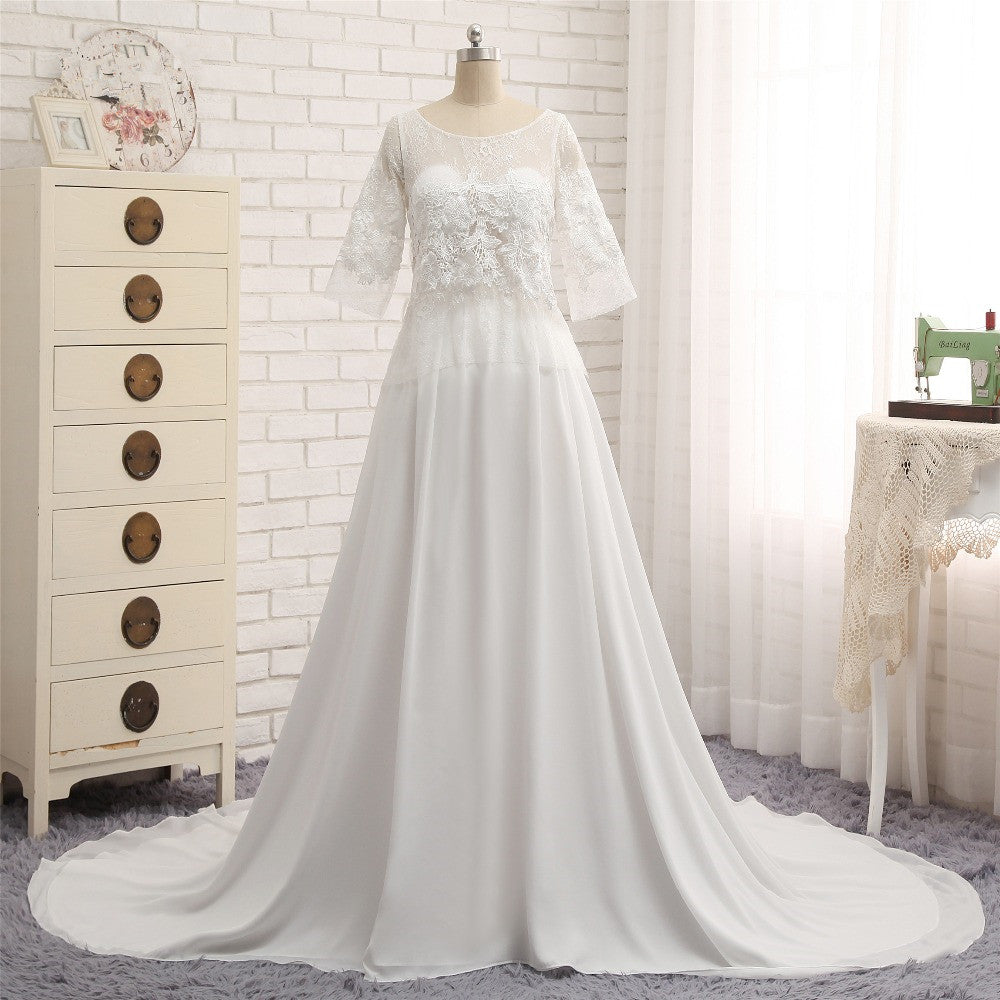 Modest Halfsleeves White Jewel Wedding Dresses Chiffon Lace Bridal Gowns With Appliques On Sale-27dress