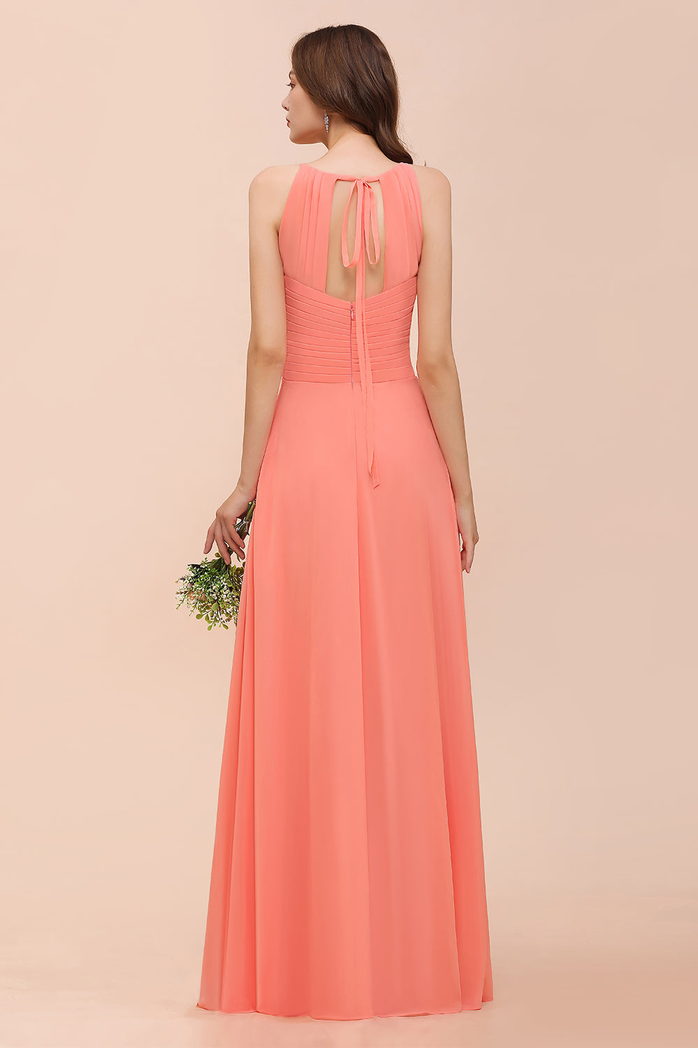 Modest Halter Ruffle Coral Chiffon Bridesmaid Dress