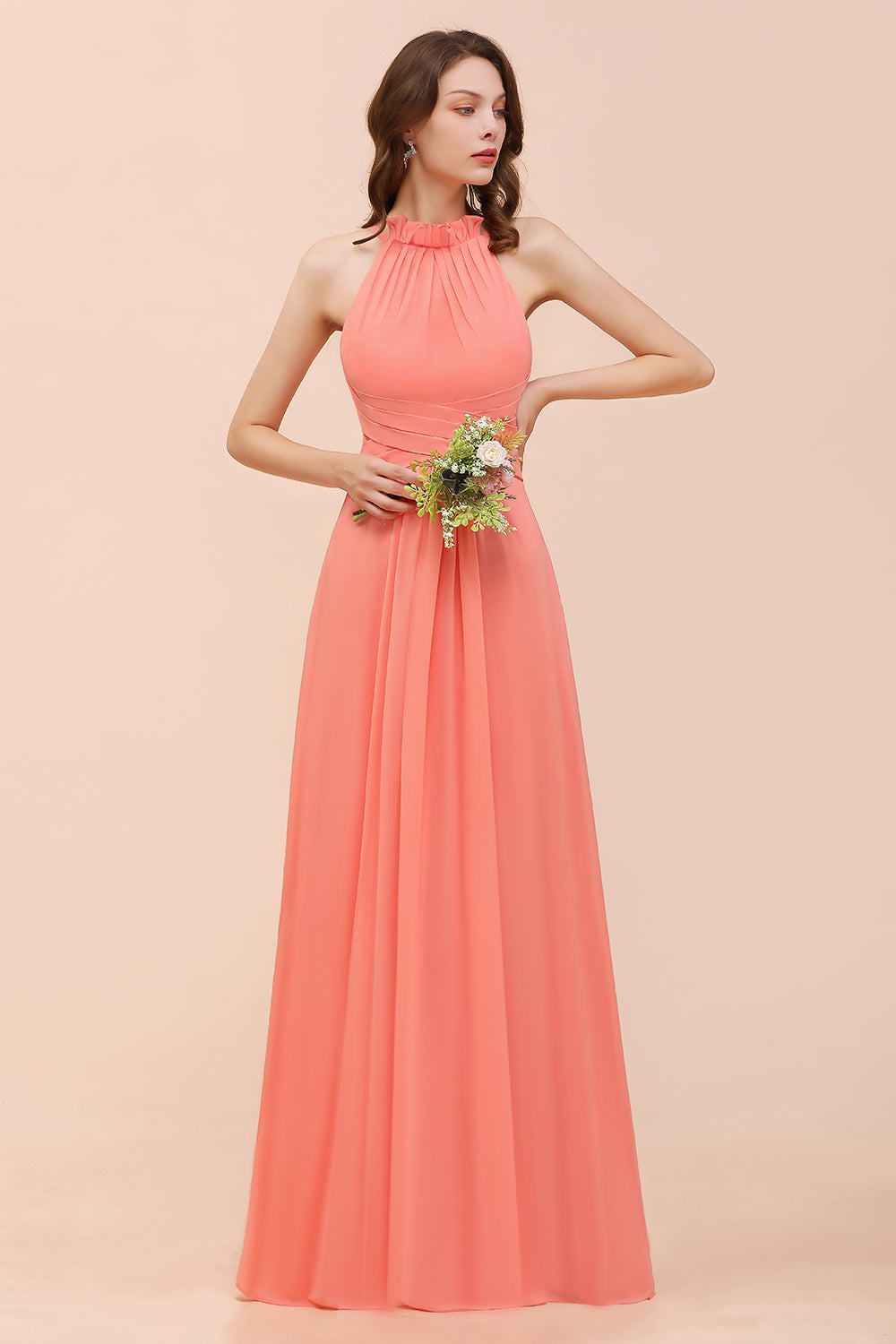 Modest Halter Ruffle Coral Chiffon Affordable Bridesmaid Dress Online 27dress Modest Halter Ruffle Coral Chiffon Affordable Bridesmaid Dress Online 27dress