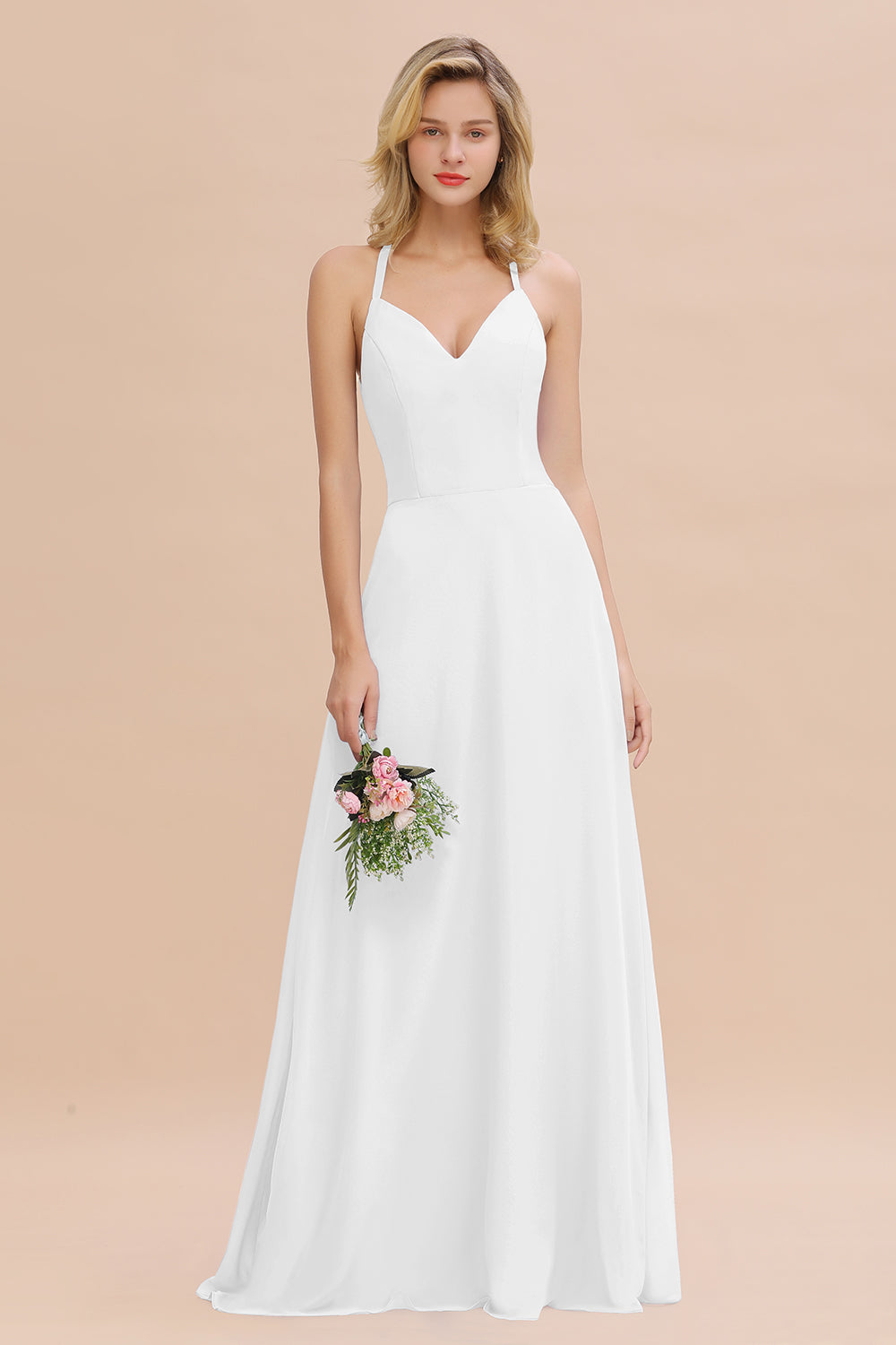 Modest Halter V-Neck Sleeveless Long Bridesmaid Dresses Online-27dress