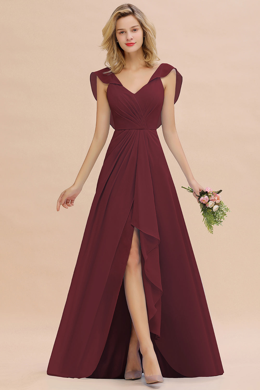 Modest Hi-Lo V-Neck Ruffle Long Bridesmaid Dress with Slit-27dress