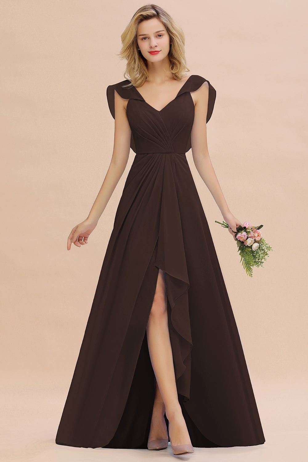 Modest Hi-Lo V-Neck Ruffle Long Bridesmaid Dress with Slit-27dress