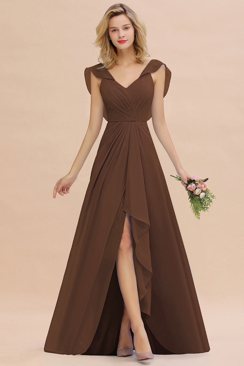 Modest Hi-Lo V-Neck Ruffle Long Bridesmaid Dress with Slit-27dress