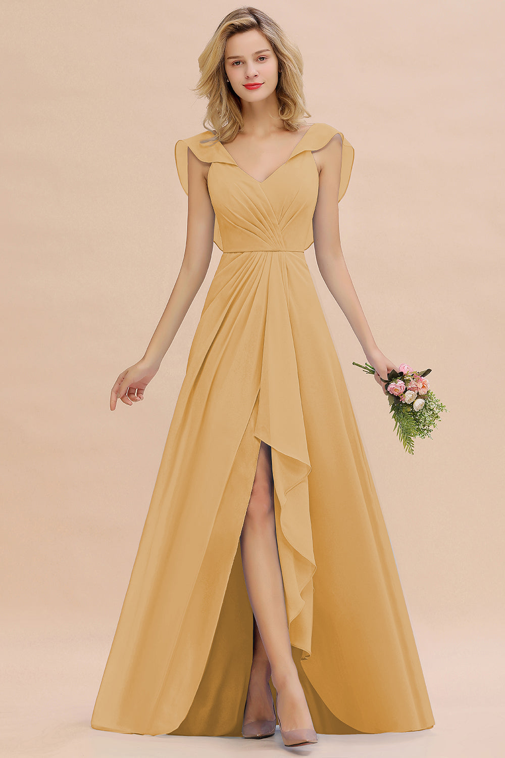 Modest Hi-Lo V-Neck Ruffle Long Bridesmaid Dress with Slit-27dress