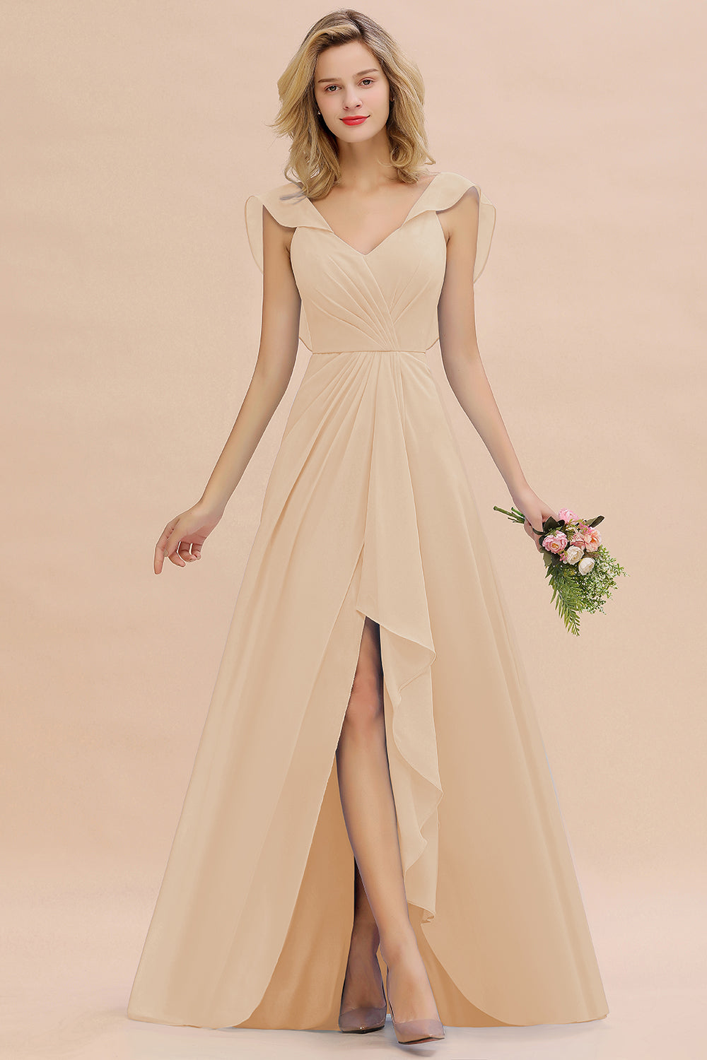 Modest Hi-Lo V-Neck Ruffle Long Bridesmaid Dress with Slit-27dress