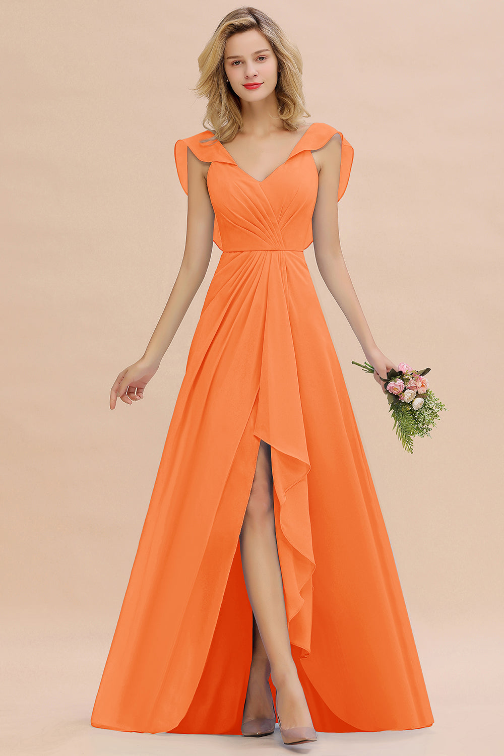 Modest Hi-Lo V-Neck Ruffle Long Bridesmaid Dress with Slit-27dress