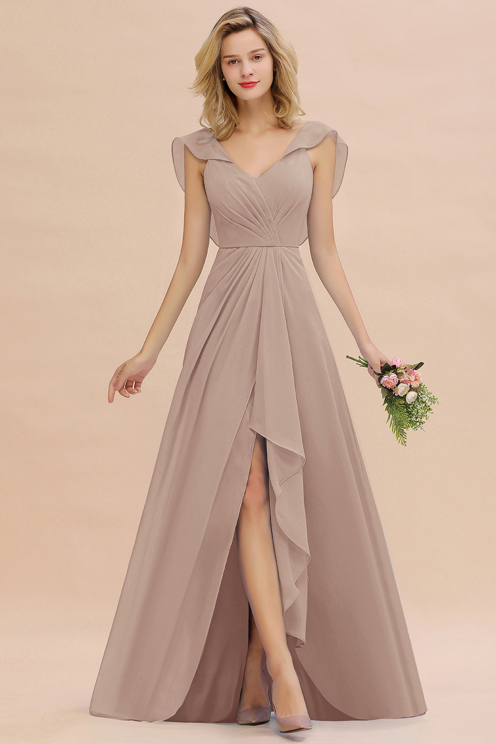 Modest Hi-Lo V-Neck Ruffle Long Bridesmaid Dress with Slit-27dress