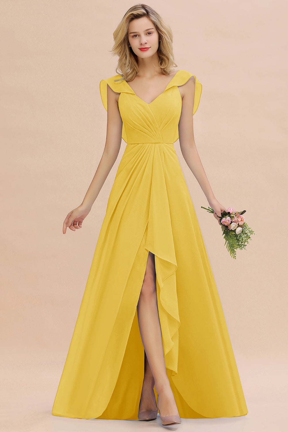 Modest Hi-Lo V-Neck Ruffle Long Bridesmaid Dress with Slit-27dress