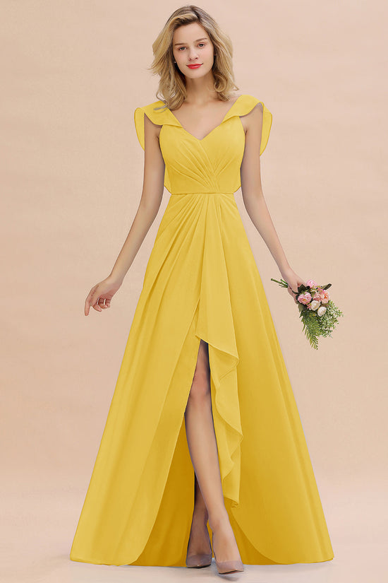 Load image into Gallery viewer, Modest Hi-Lo V-Neck Ruffle Long Bridesmaid Dress with Slit-27dress
