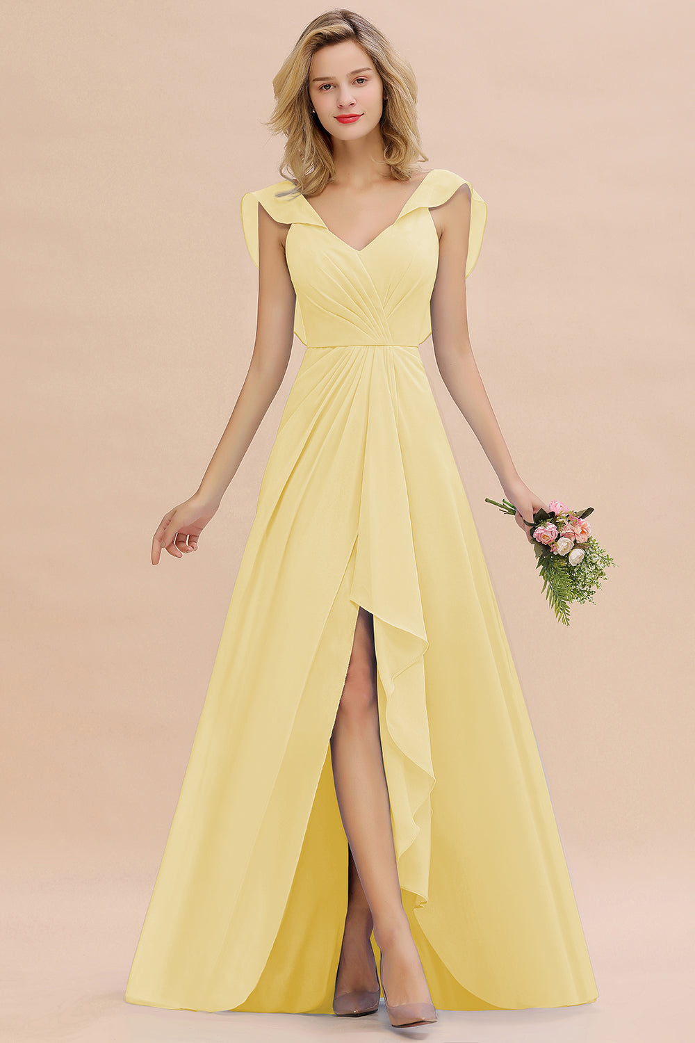 Modest Hi-Lo V-Neck Ruffle Long Bridesmaid Dress with Slit-27dress