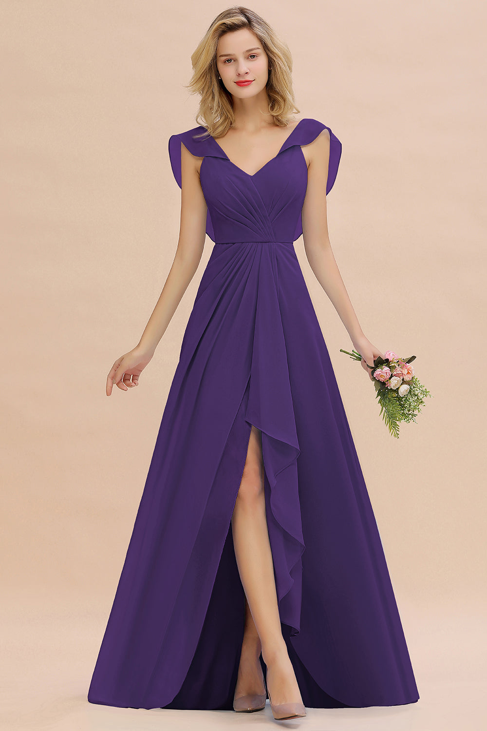Modest Hi-Lo V-Neck Ruffle Long Bridesmaid Dress with Slit-27dress