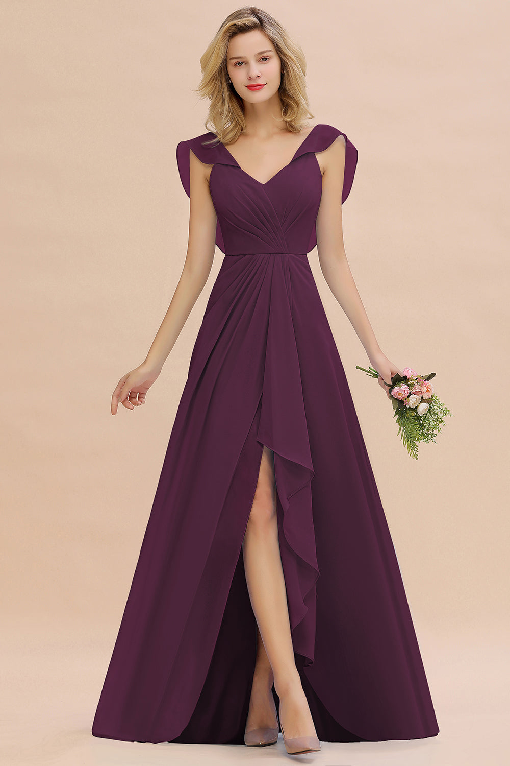 Modest Hi-Lo V-Neck Ruffle Long Bridesmaid Dress with Slit-27dress