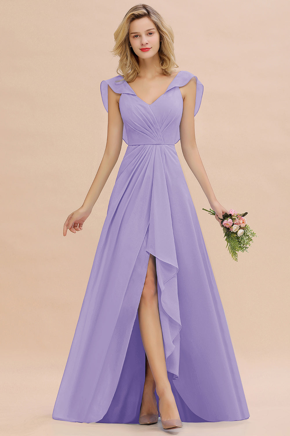 Modest Hi-Lo V-Neck Ruffle Long Bridesmaid Dress with Slit-27dress