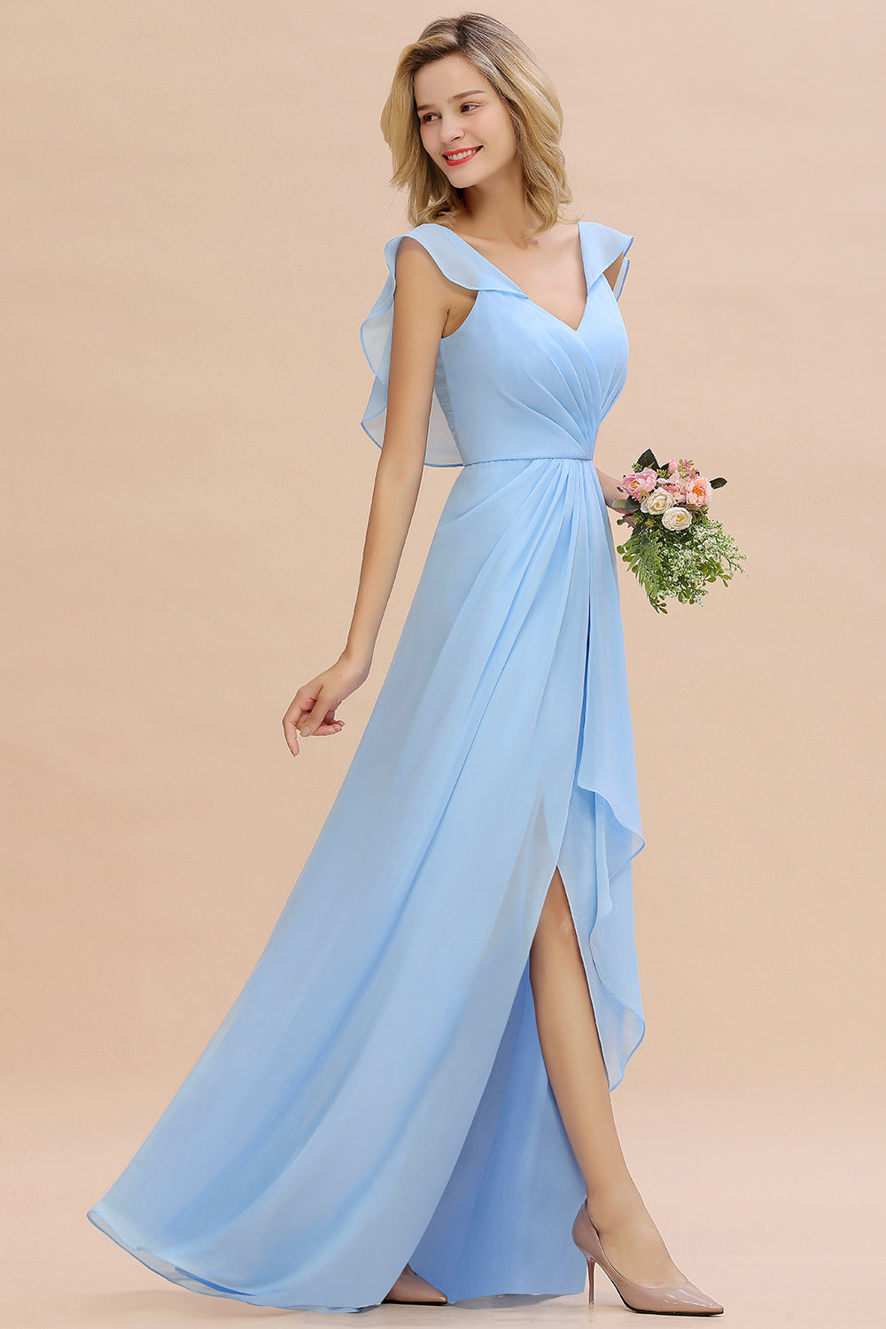 Modest Hi-Lo V-Neck Ruffle Long Bridesmaid Dress with Slit-27dress