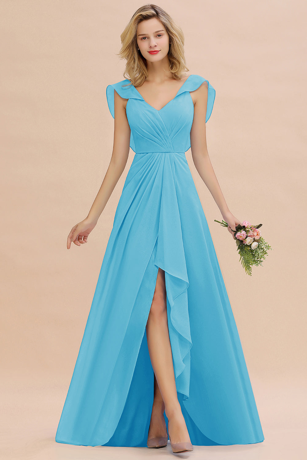 Modest Hi-Lo V-Neck Ruffle Long Bridesmaid Dress with Slit-27dress