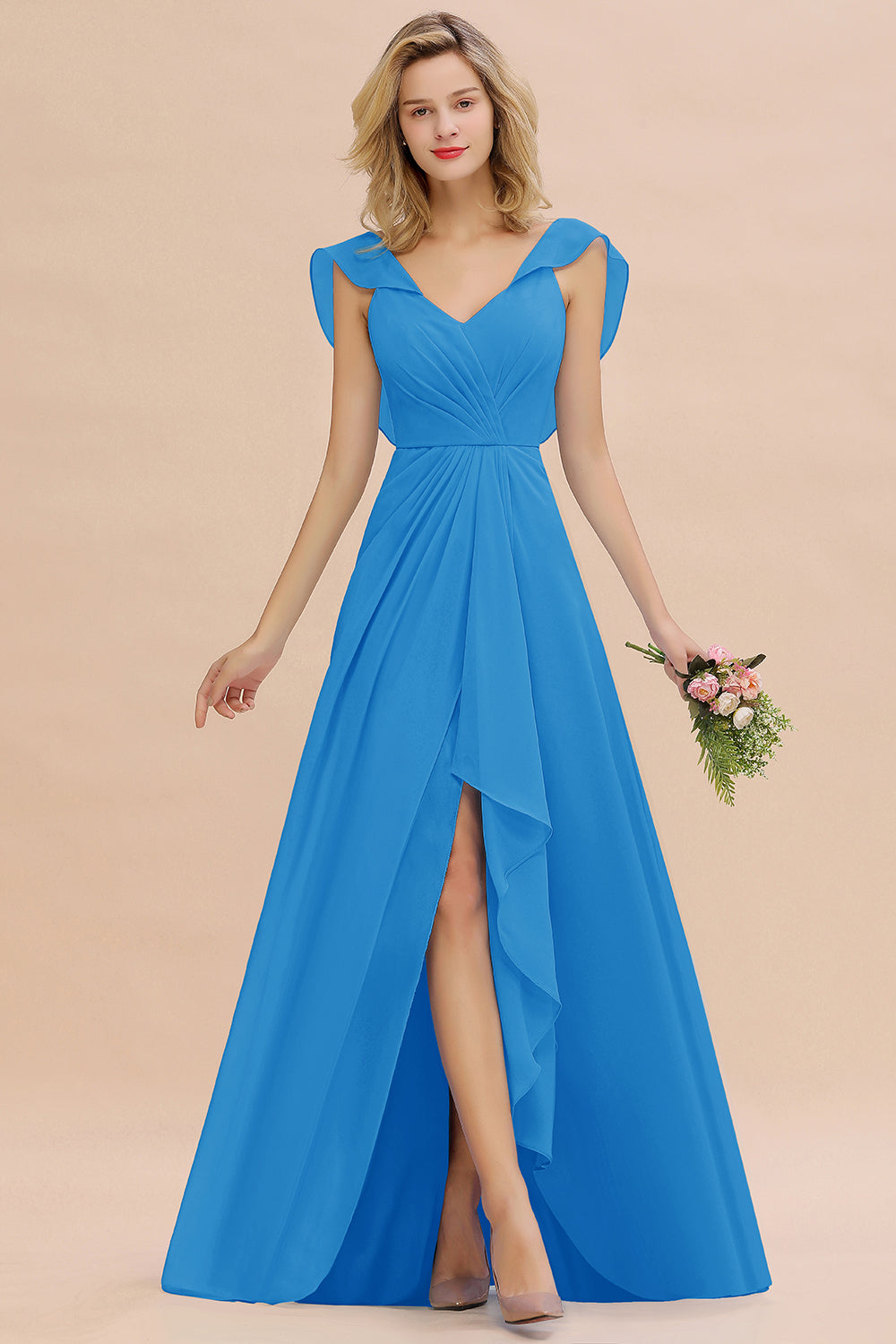 Modest Hi-Lo V-Neck Ruffle Long Bridesmaid Dress with Slit-27dress