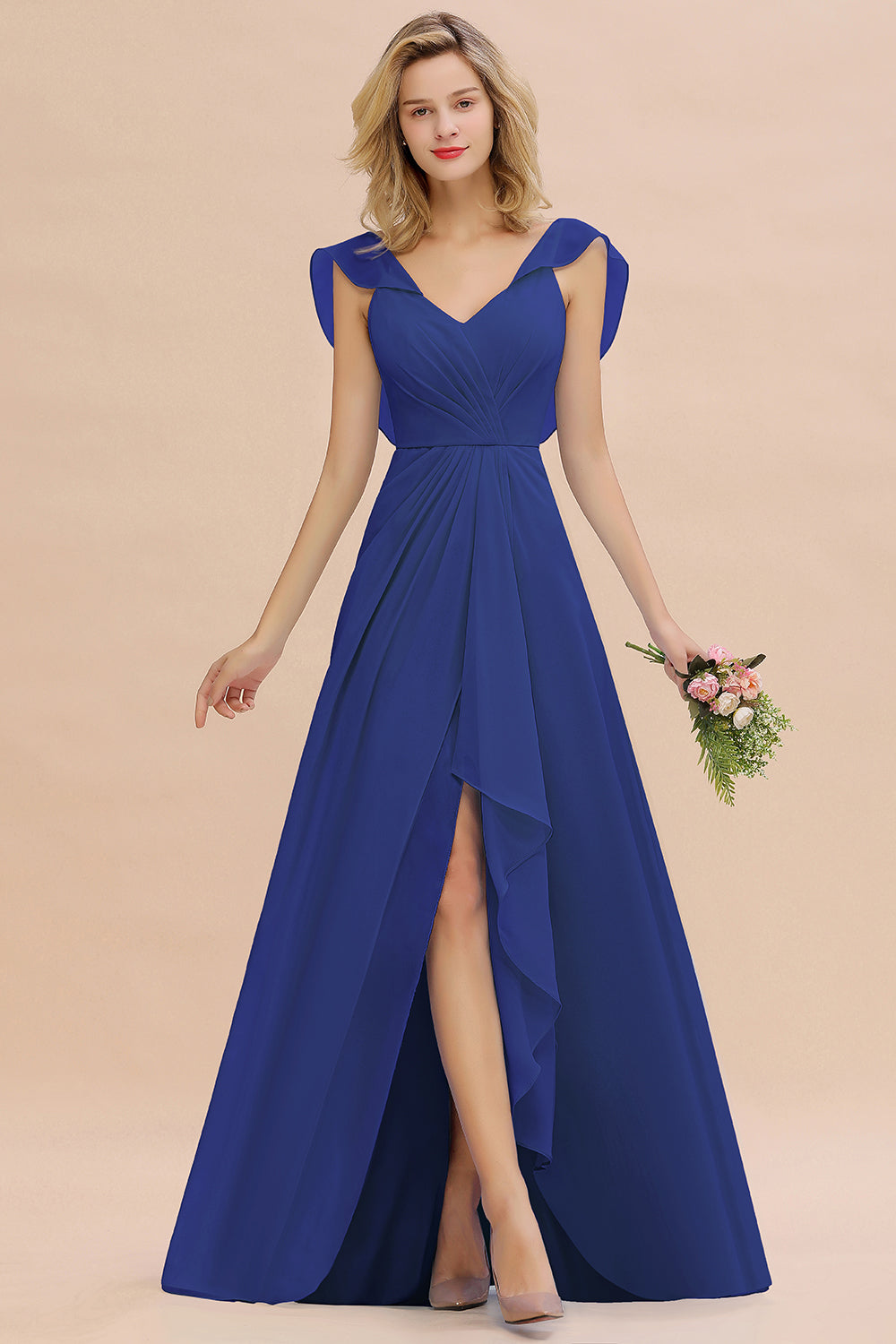 Modest Hi-Lo V-Neck Ruffle Long Bridesmaid Dress with Slit-27dress