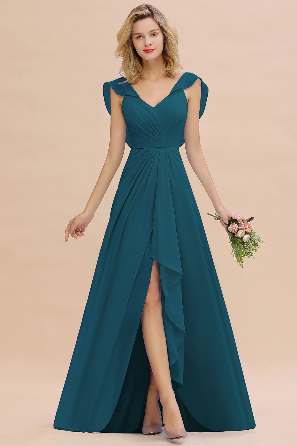 Modest Hi-Lo V-Neck Ruffle Long Bridesmaid Dress with Slit-27dress