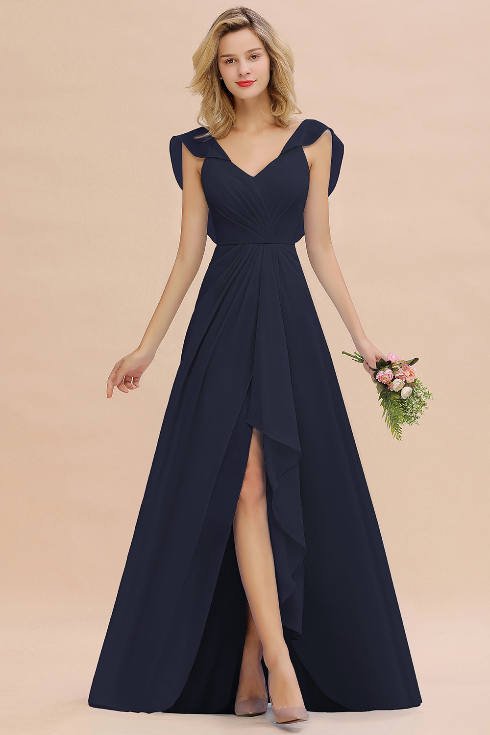 Modest Hi-Lo V-Neck Ruffle Long Bridesmaid Dress with Slit-27dress