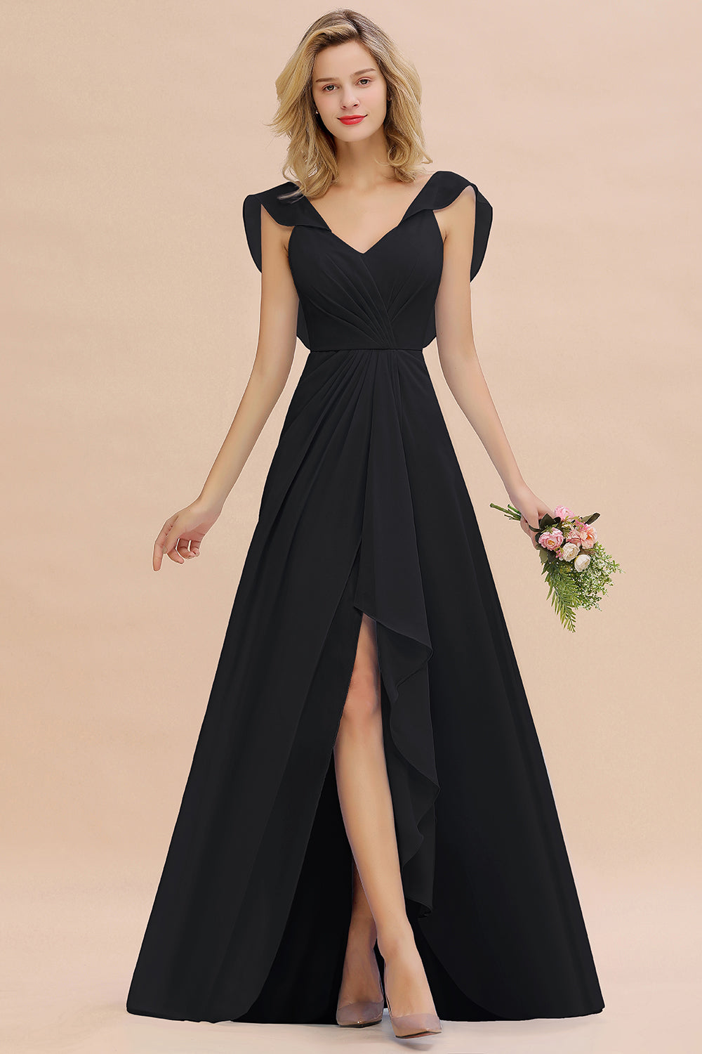 Modest Hi-Lo V-Neck Ruffle Long Bridesmaid Dress with Slit-27dress