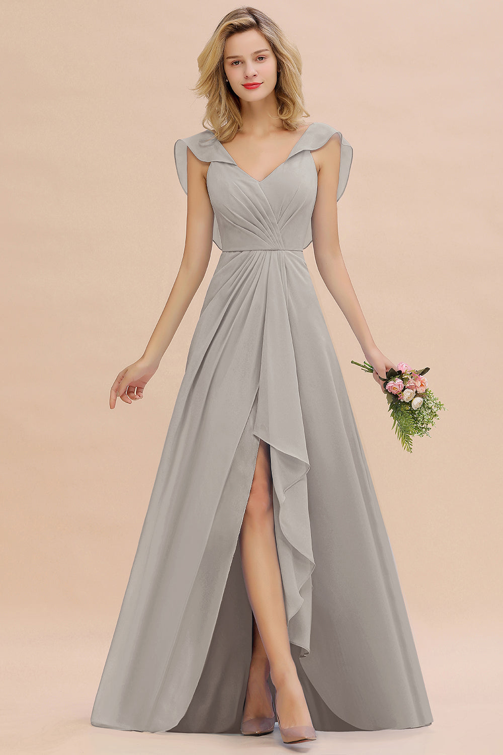 Modest Hi-Lo V-Neck Ruffle Long Bridesmaid Dress with Slit-27dress