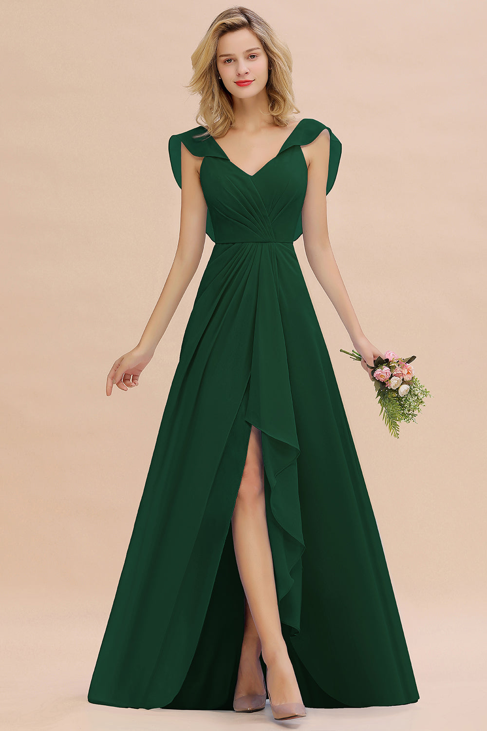 Modest Hi-Lo V-Neck Ruffle Long Bridesmaid Dress with Slit-27dress