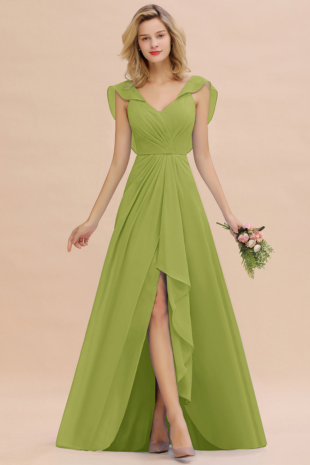 Modest Hi-Lo V-Neck Ruffle Long Bridesmaid Dress with Slit-27dress